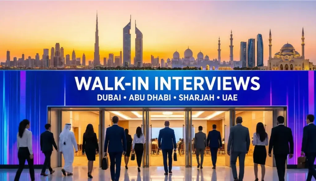 Check today's walk-in interviews in UAE for May–June 2026, including construction, FM, fire fighting, logistics and factory roles, with salaries from AED 2,800 to AED competitive packages across Dubai and Abu Dhabi