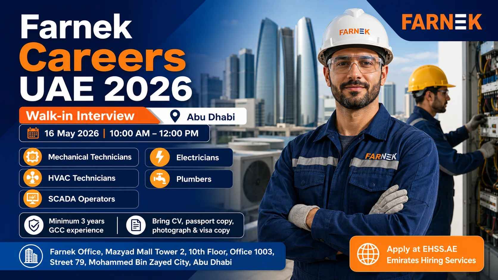 Farnek Careers UAE 2026: Walk-in Interview in Abu Dhabi for Mechanical Technicians, HVAC, Electricians, SCADA Operators & Plumbers