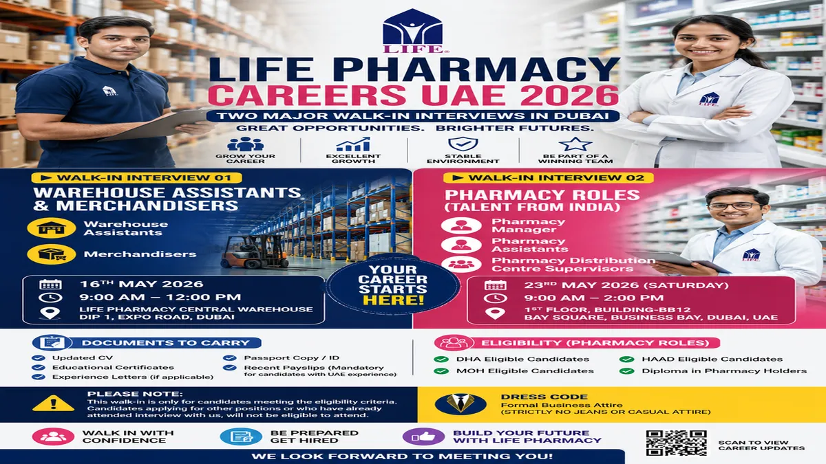 Life Pharmacy Careers UAE 2026: Two Major Walk-in Interviews Announced in Dubai