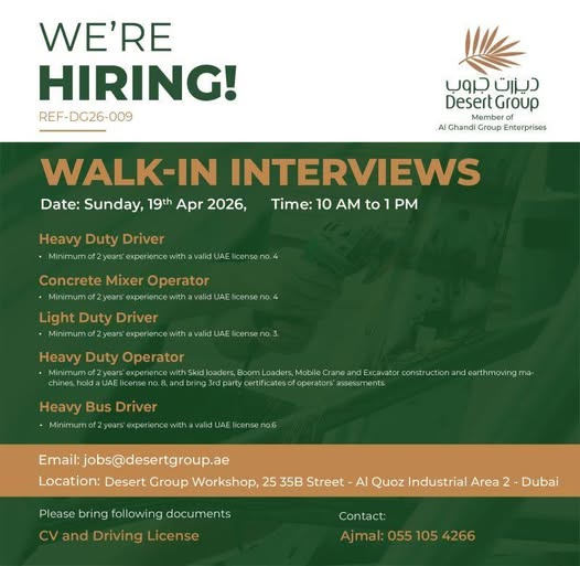 Desert Group Walk-In Interview UAE 19 April 2026: Driver Jobs Hiring Now