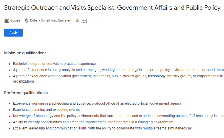 Outreach and Visits Specialist Job at Google Dubai UAE