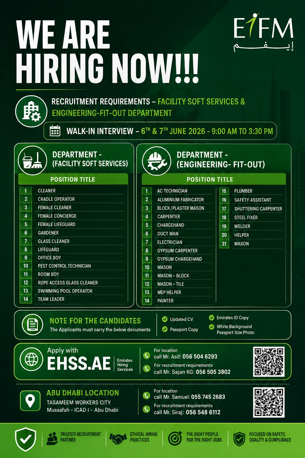 EIFM Walk-in Interview June 2026: 35+ FM & Fit-Out Jobs in Dubai and Abu Dhabi — 6 & 7 June